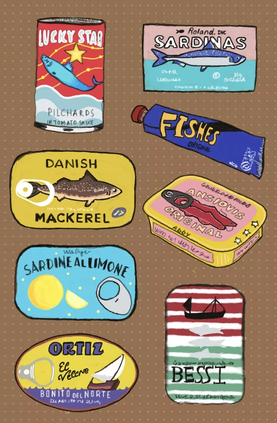 Drawings of canned fish.